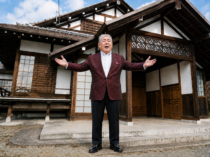 旧「東国敬神道場」を前に歌う代表田中